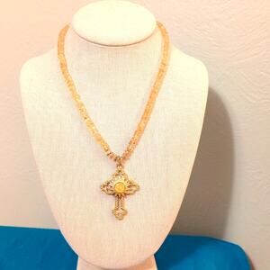 Genuine Citrine Bead Chain & Gold Tone Cross Pendant W/ Hook Closure